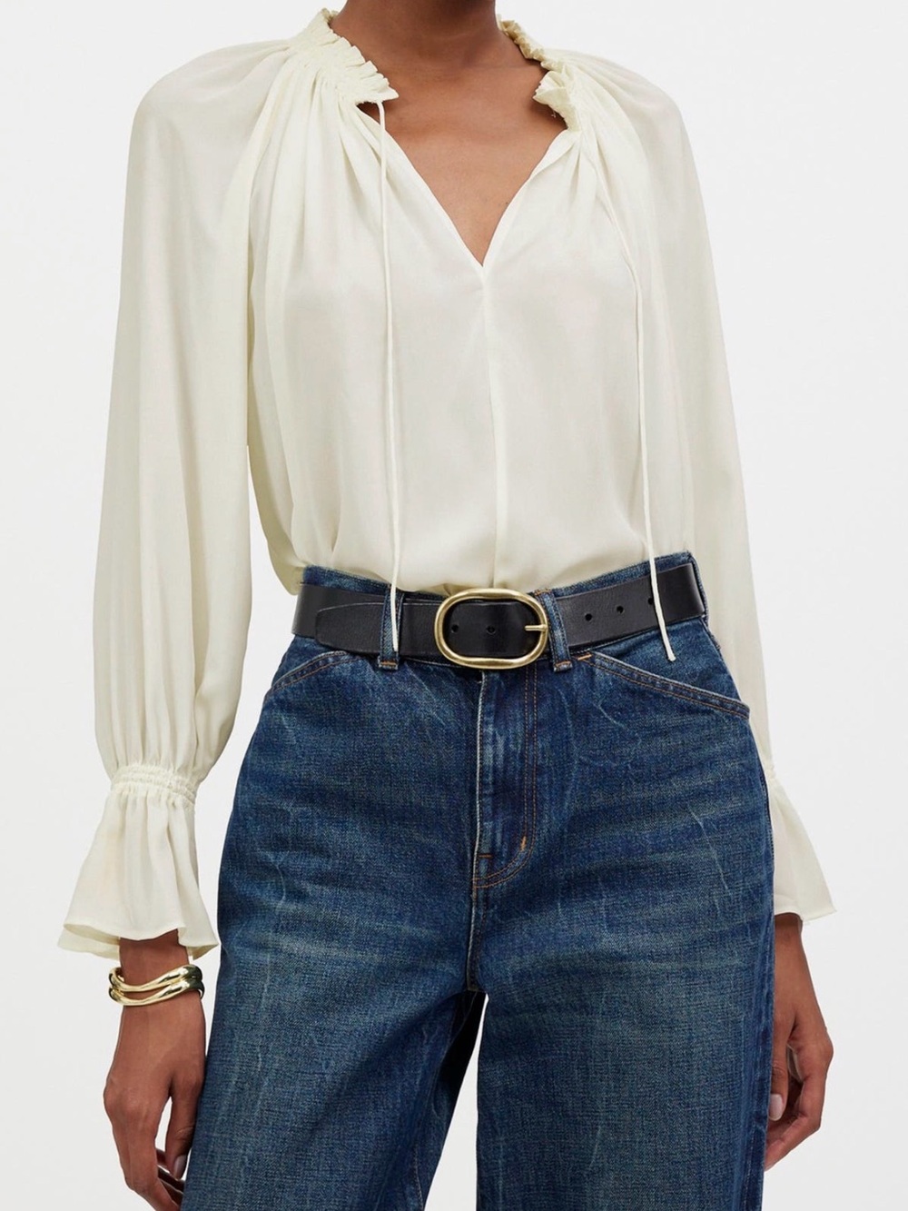 Madewell long sleeve tie-neck top. Medium. Cream.